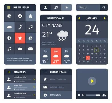 Red and blue set of mobile interface elements on white イラスト素材