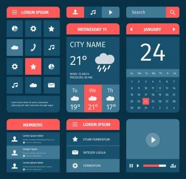 Red and blue set of mobile interface elements Stock Illustration