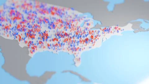 Red and blue simple human figures over a US map, representing republican and  Stock Illustration