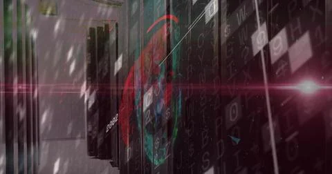 Red and blue skull floating in virtual data center, with server racks, letter Stock Photos
