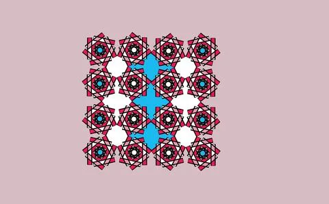 Red and blue star‑like geometric motifs on pink background Stock Illustration