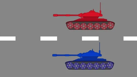 Red and blue tanks driving on a road animation Stock Footage 153544831