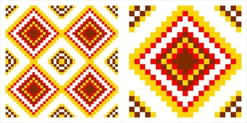 Red and brown pixel art diamond seamless pattern with layered geometric sha.. 스톡 일러스트