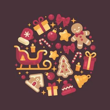 Red and gold circle composition made from Christmas and New Year elements Stock Illustration