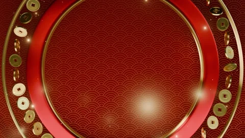 Red and gold circular frame with falling Chinese coins Stock Footage 294372801