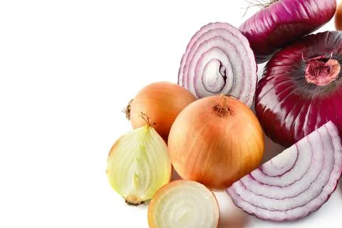 Red and gold onions isolated on white background. Collection. Free space for 스톡 사진