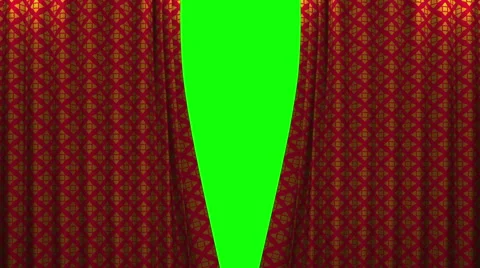 Red and gold pattern curtain with green screen opening scene Stock Footage 43276243