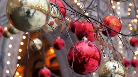 Red and golden xmas balls on trees Video stock 83124792
