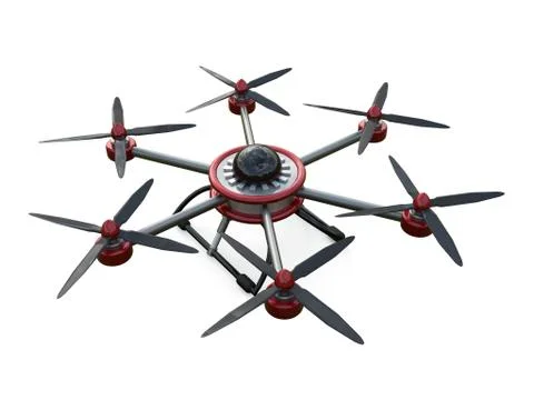 Red and gray hexacopter isolated on a white background. 3d illustration Stock-Illustration