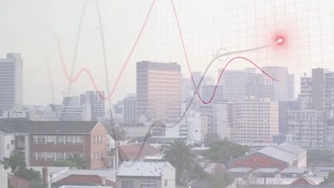Red and gray lines appearing from left sweeping skyline crossing pulsing node Video stock 333817615