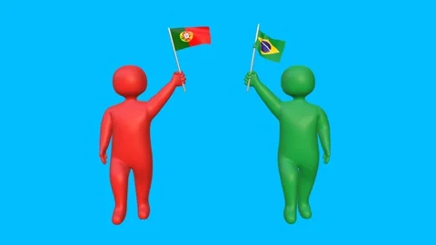 Red and Green 3D figures raising Portugal and Brazil flags on blue Video stock 320353421
