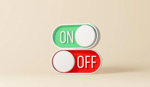 Red and green on and off toggle switches. 3D Rendering Ilustração Stock