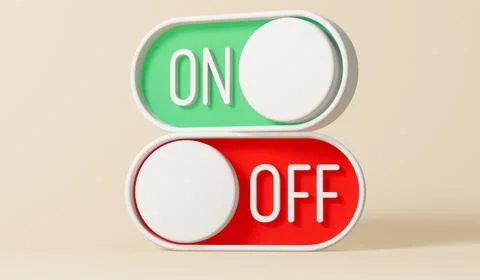 Red and green on and off toggle switches. 3D Rendering Ilustración de archivo