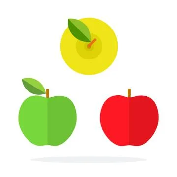 Red and green apples side view and yellow apple top view flat isolated Stock Illustration