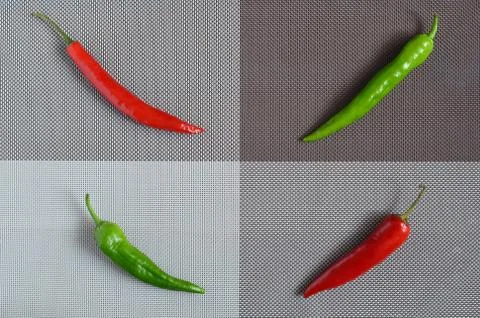 Red and green capsicum on a rectangular background of gray, brown and white Stock Photos