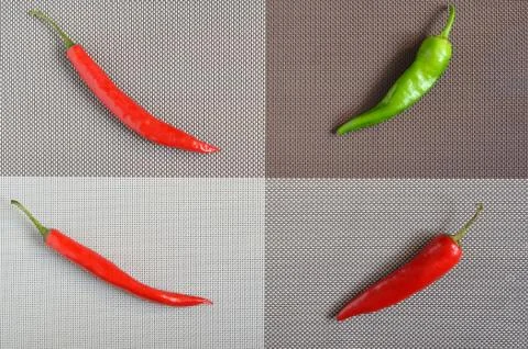 Red and green capsicum on a rectangular background of gray, brown and white Stock Photos