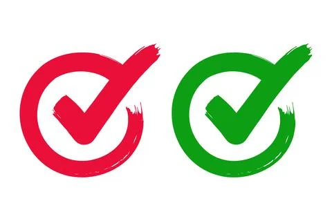 Red and green check mark symbols in circular brush style. Hand-drawn vector Stock Illustration