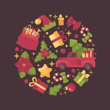 Red and green circle composition made from Christmas and New Year elements イラスト素材