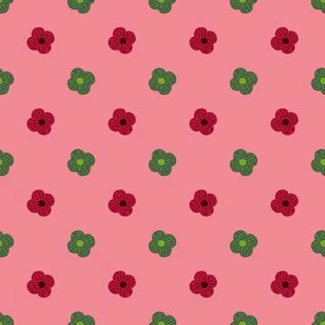 Red and green colored simple flower ornament seamless pattern. Pink backgroun Stock Illustration
