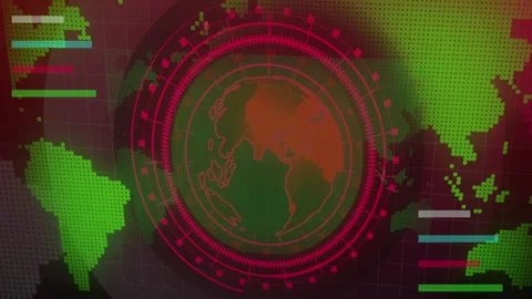 Red and Green Digital Globe Interface with World Map and Data Visualization.. Stock Footage 321450484