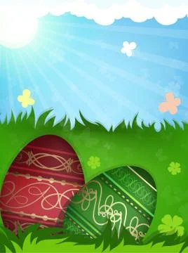 Red and green Easter eggs in grass Stock Illustration