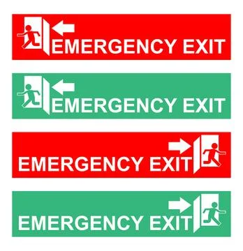 Red and green emergency exit stickers with clear directional arrows and run.. Stock Illustration