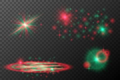Red and green festive light explosion with glowing particles. set of elements Stock Illustration