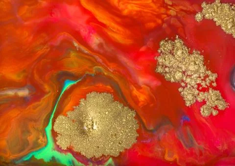 Red and green fluid pattern with small gold particles. Stock Illustration