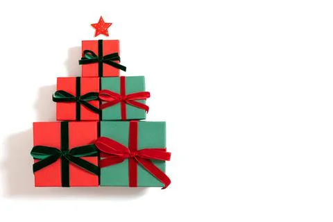 Red and green gift boxes are isolated on a white background. Christmas gifts  Stock Photos