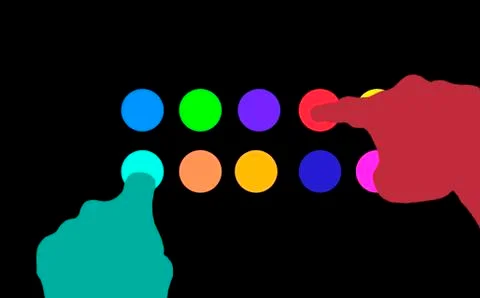 Red and green hands touching colorful dots in a dark background Stock Illustration
