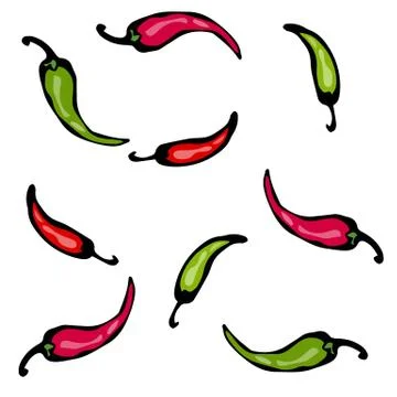 Red and Green Hot Chilli Pepper Sketch. Vector Illustration Stock Illustration