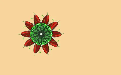 Red and green mandala pattern with layered petals on tan background Stock Illustration