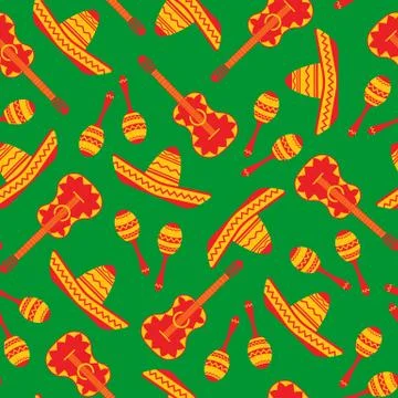 Red and green mexican objects seamless pattern Stock Illustration