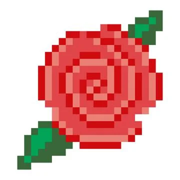 Red And Green Minimalist Pixel Art Plant And Bloom Rose Icon Stock Illustration