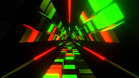Red and Green Neons in Triangular Tunnel of Squares Background VJ Loop in 4K Stock Footage 345737249