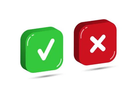 Red and green three-dimensional square buttons with a check mark and a cross Stock Illustration