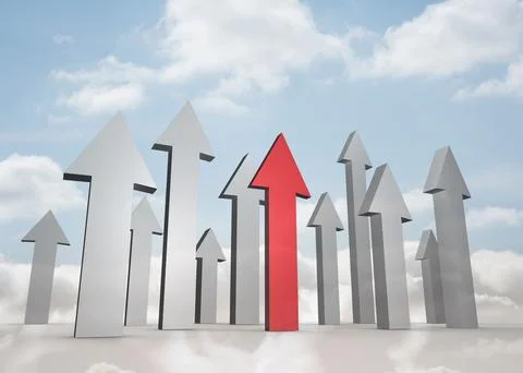 Red and grey arrows pointing up against sky Stock Photos