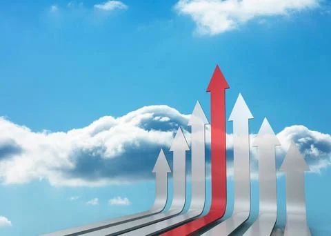 Red and grey arrows pointing up against sky Stock Photos