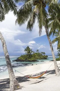 Red and orange empty hammock hanging from palm trees at sandy beach Stock Photos