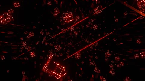 Red and Orange Levitating Cubes and Neon Lines in Cyberspace Background VJ L Stock Footage 328356843