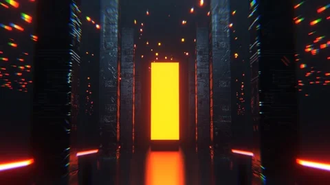 Red and Orange Neon Sci-Fi Hall with Tall Columns and Portal Background VJ L Stock Footage 301885937