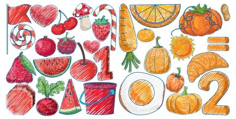 Red and Orange objects in Pencil Colour Sketch Simple Style Stock Illustration