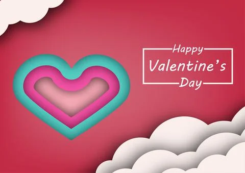 Red and pink clolor, paper cut style background with heart and cloud for card Stock Illustration