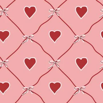 Red and pink heart pattern with ribbons on diagonal grid Stock Illustration