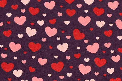 Red and pink hearts pattern on dark purple textured paper background for ro.. Stock Illustration