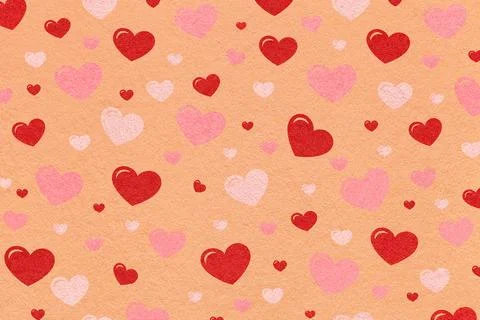 Red and pink hearts pattern on peach textured paper background for romantic.. Stock Illustration