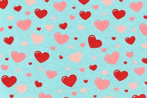 Red and pink hearts pattern on light blue textured paper background for rom.. Stock Illustration