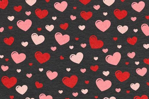 Red and pink hearts pattern on black textured paper background for romantic.. Stock Illustration