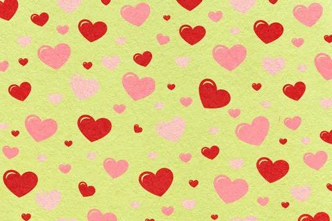 Red and pink hearts pattern on light green textured paper background for ro.. Stock Illustration
