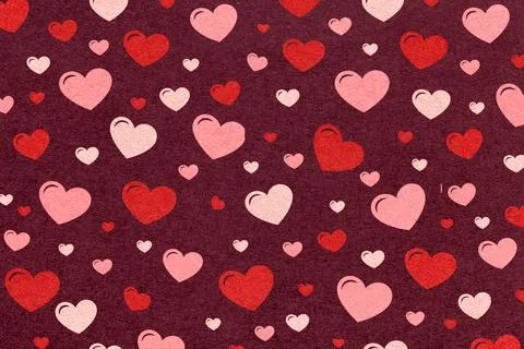 Red and pink hearts pattern on dark wine textured paper background for roma.. Stock Illustration